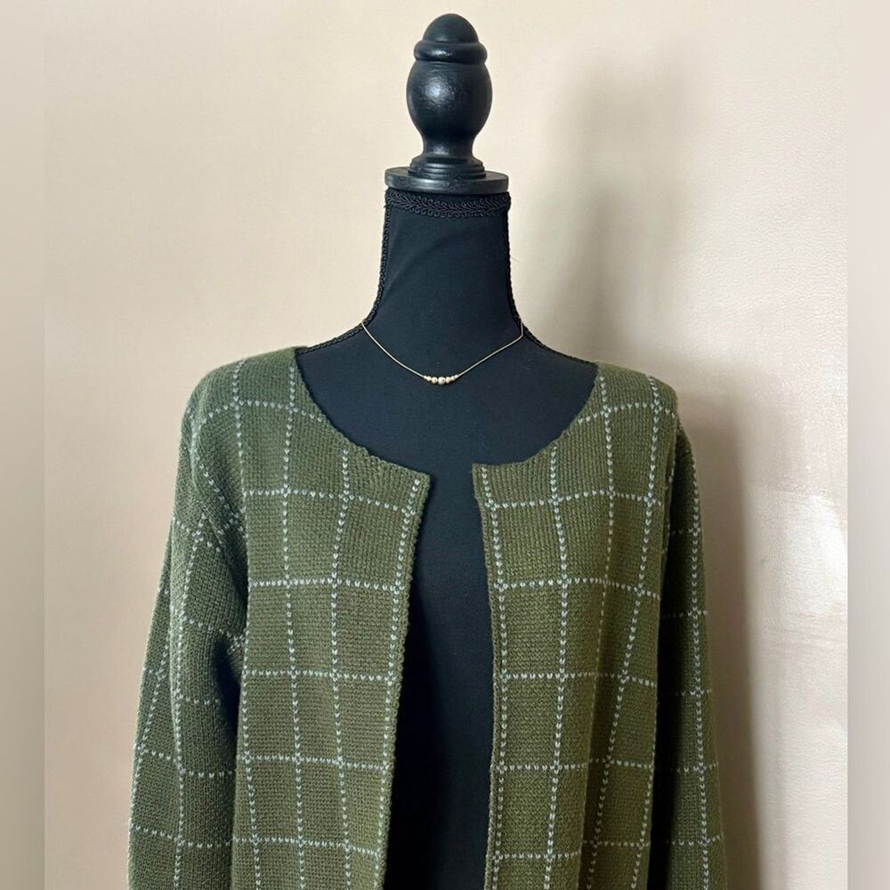 Anthropologie green window pane long line open cardigan sweater Oliver by Escio - Picture 2 of 15